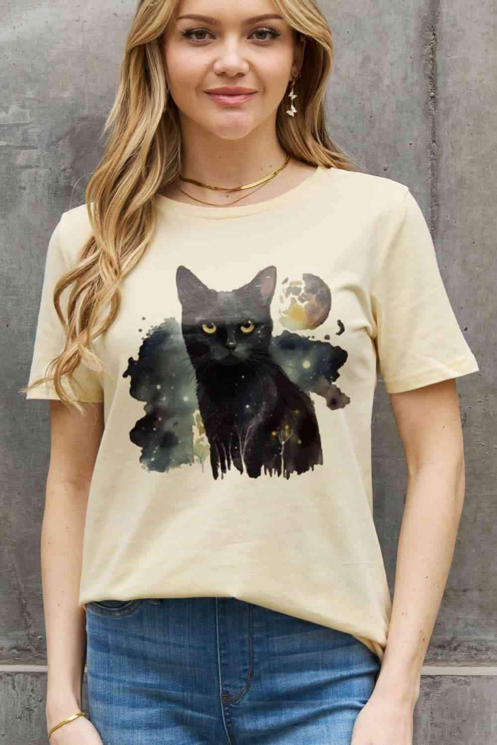 Simply Love Full Size Black Cat Graphic Cotton Tee Women's T-Shirts - Tophatter Daily Deals