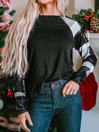 Plaid Sequin Long Sleeve Round Neck T-Shirt Black Women's T-Shirts - Tophatter Daily Deals