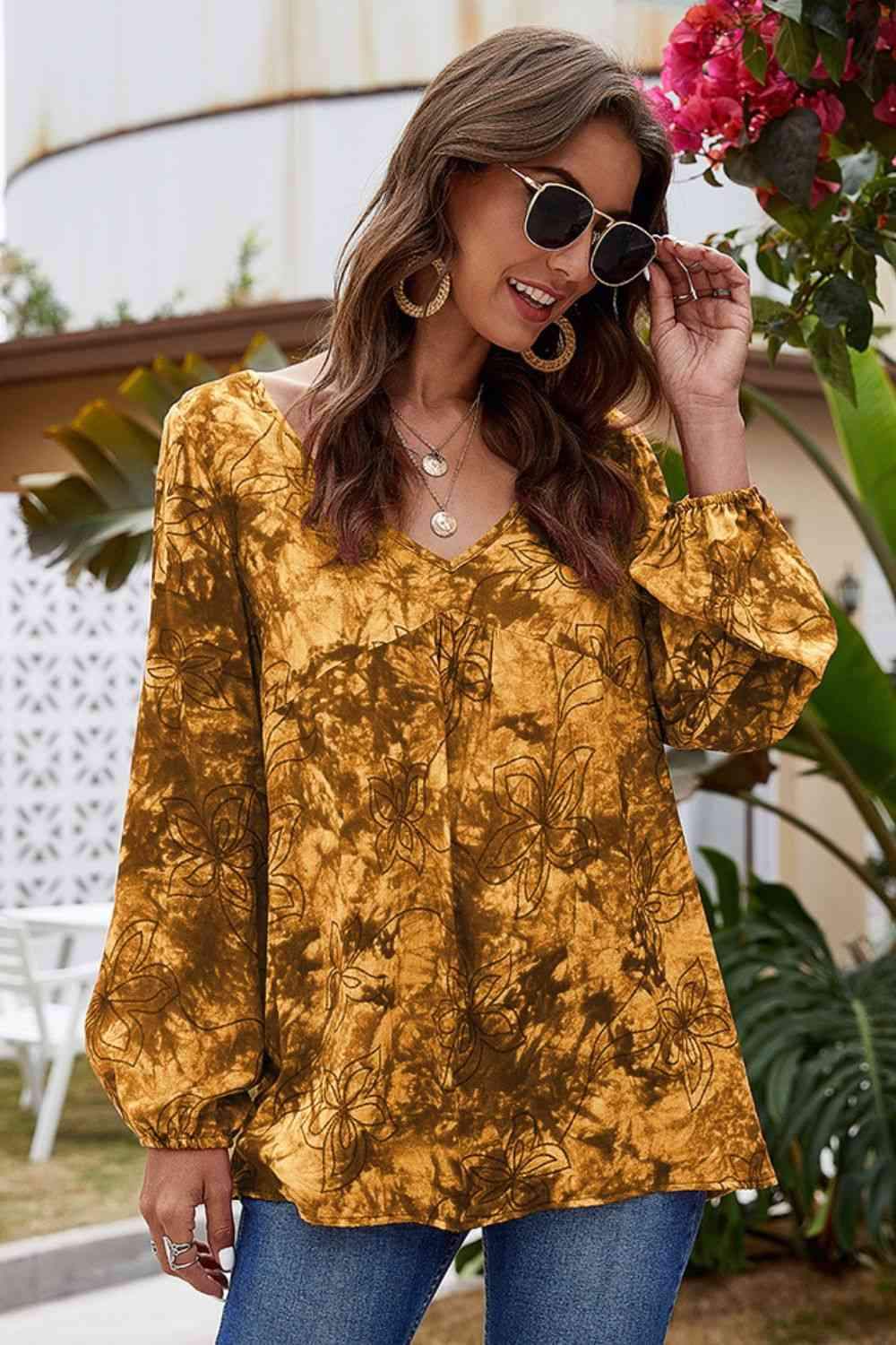 V-Neck balloon Sleeve Floral Blouse Blouses - Tophatter Daily Deals