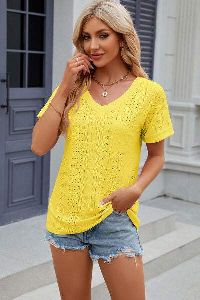 Eyelet V-Neck Short Sleeve T-Shirt Women's T-Shirts - Tophatter Daily Deals