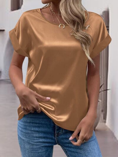 Round Neck Short Sleeve T-Shirt Caramel Women's T-Shirts - Tophatter Daily Deals