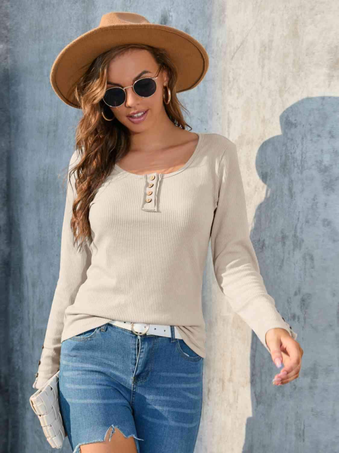 Buttoned Round Neck Long Sleeve T-Shirt Cream Women's T-Shirts - Tophatter Daily Deals