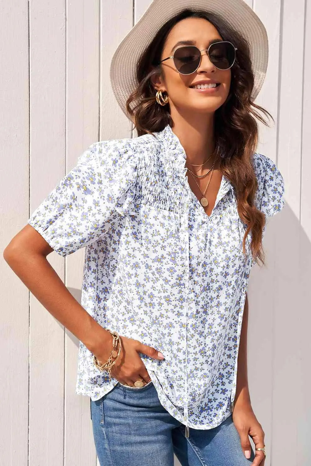 Floral Smocked Ruffle Shoulder Tie Neck Top Blouses - Tophatter Daily Deals
