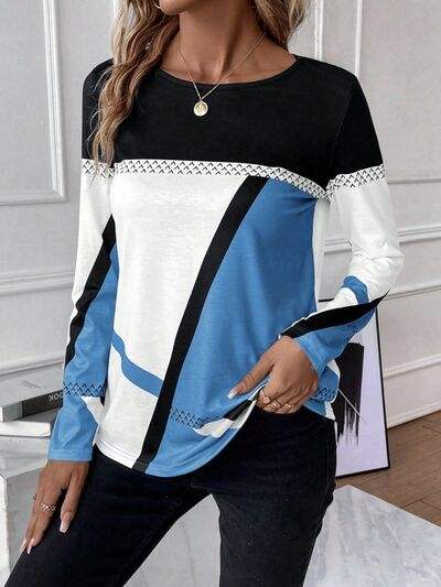 Contrast Round Neck Long Sleeve T-Shirt Women's T-Shirts - Tophatter Daily Deals