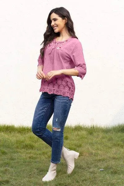 Tie Neck Lace Detail Half Sleeve Blouse Blouses - Tophatter Daily Deals