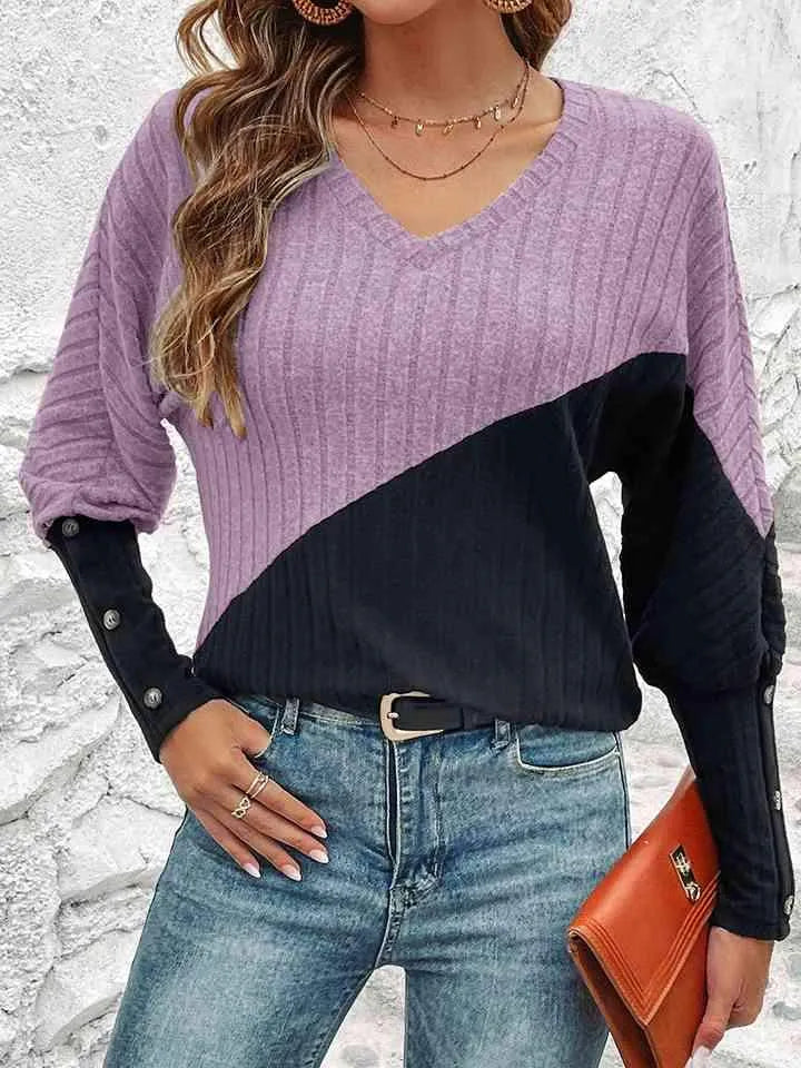 Contrast Buttoned V-Neck Blouse Lavender Blouses - Tophatter Daily Deals