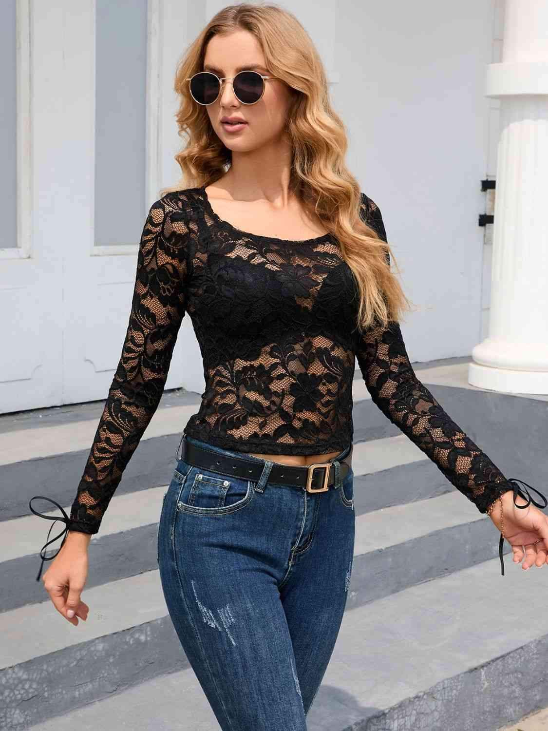 Lace Long Sleeve Cropped Top Blouses - Tophatter Daily Deals