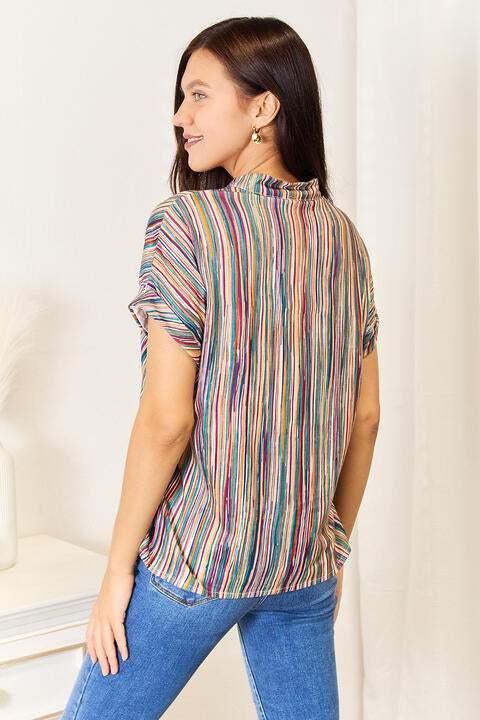 Double Take Multicolored Stripe Notched Neck Top Blouses - Tophatter Daily Deals