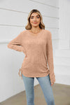 Drawstring Ribbed Long Sleeve T-Shirt Tan Women's T-Shirts - Tophatter Daily Deals