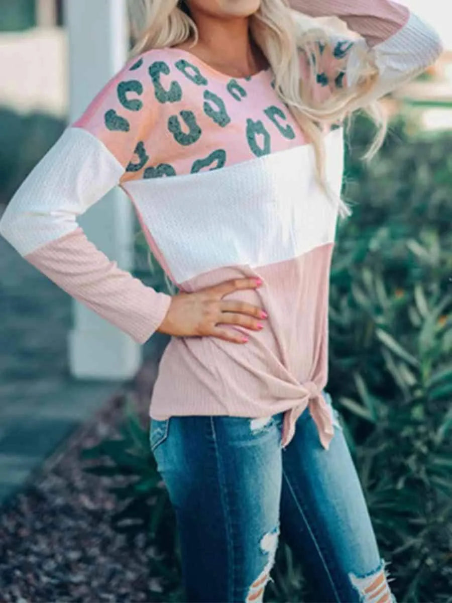 Leopard Color Block Waffle-Knit Top Women's T-Shirts - Tophatter Daily Deals
