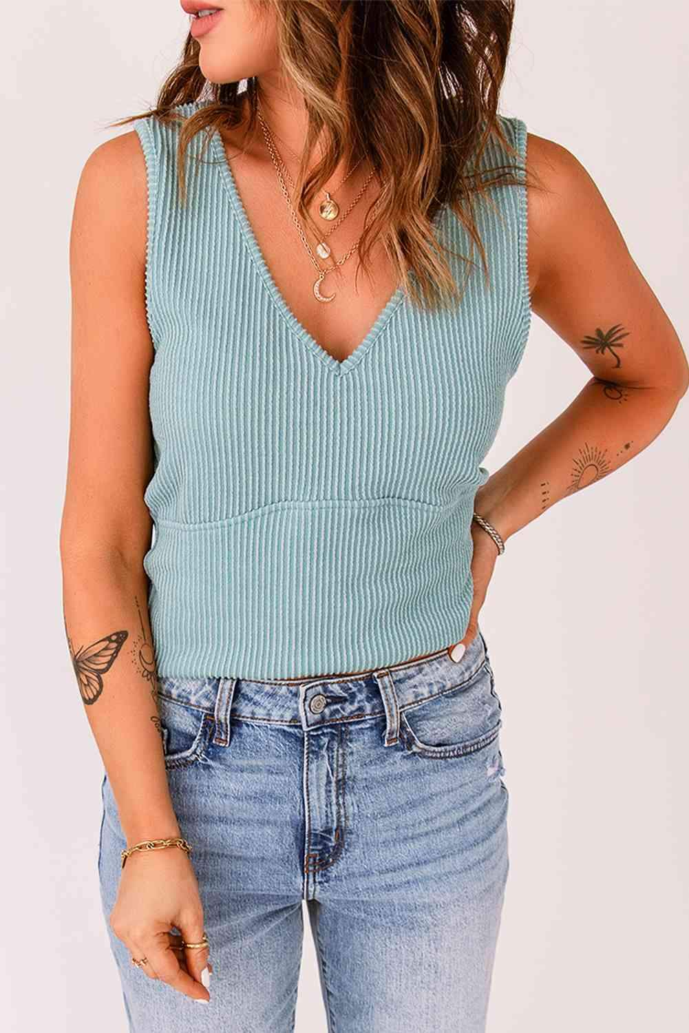 V-Neck Ribbed Top Green 2XL Blouses - Tophatter Daily Deals