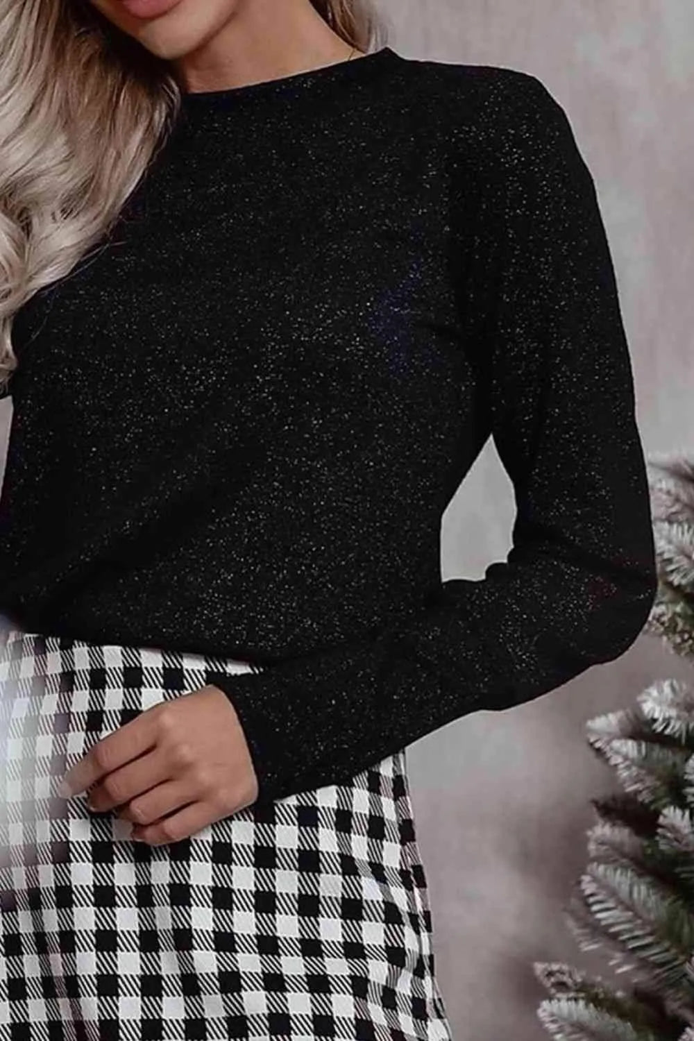 Metallic Round Neck Long Sleeve Blouse Blouses - Tophatter Daily Deals