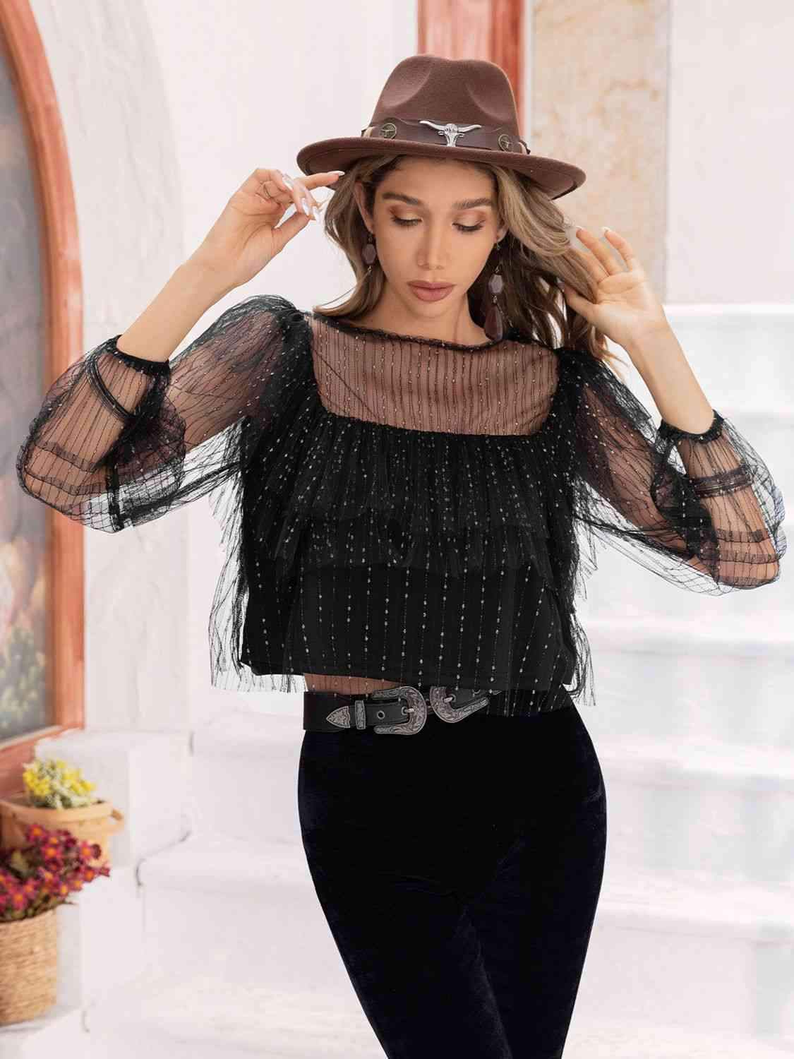 Round Neck Layered Long Sleeve Blouse Blouses - Tophatter Daily Deals