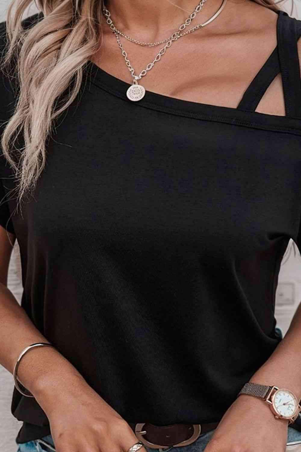 Crisscross Asymmetrical Neck Short Sleeve Top Blouses - Tophatter Daily Deals