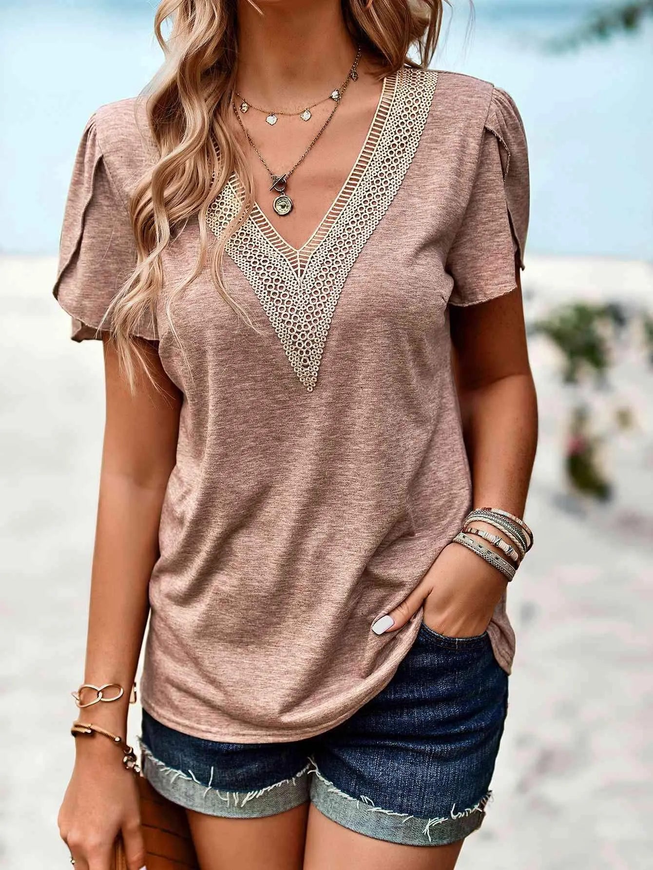 Contrast V-Neck Petal Sleeve Top Blouses - Tophatter Daily Deals