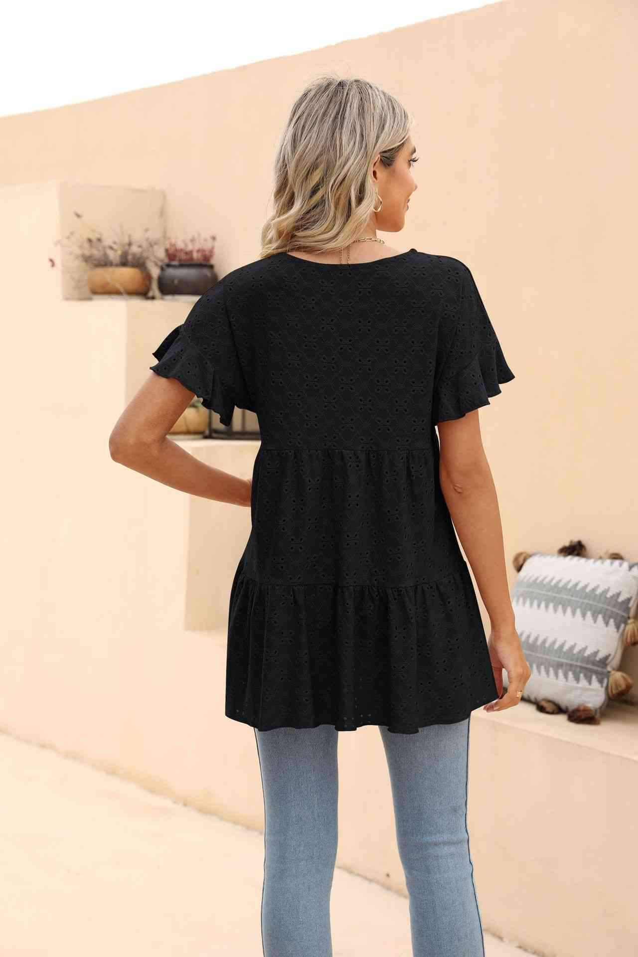 Openwork Round Neck Flounce Sleeve Blouse Blouses - Tophatter Daily Deals