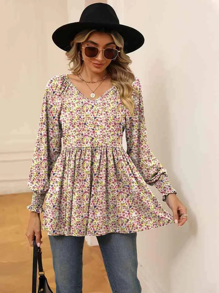 Printed V-Neck Lantern Sleeve Blouse Blouses - Tophatter Daily Deals