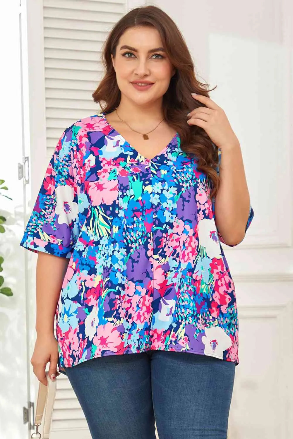 Floral Center Seam V-Neck Blouse Blouses - Tophatter Daily Deals