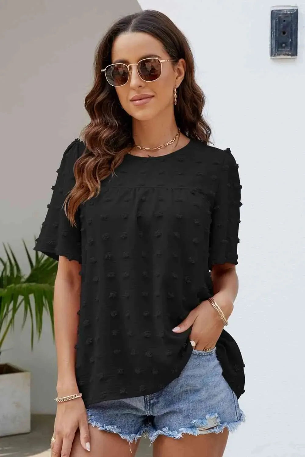 Swiss Dot Puff Sleeve Round Neck Blouse Black Blouses - Tophatter Daily Deals