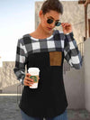 Plaid Round Neck Long Sleeve T-Shirt Black Women's T-Shirts - Tophatter Daily Deals