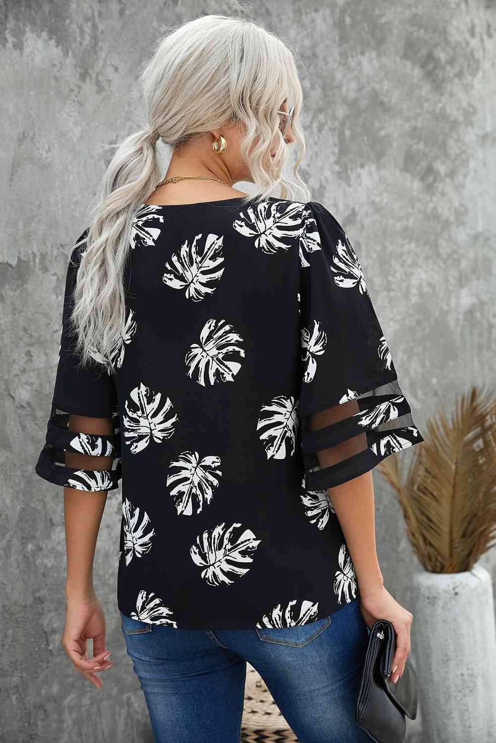 Botanical Print V-Neck Puff Sleeve Blouse Blouses - Tophatter Daily Deals