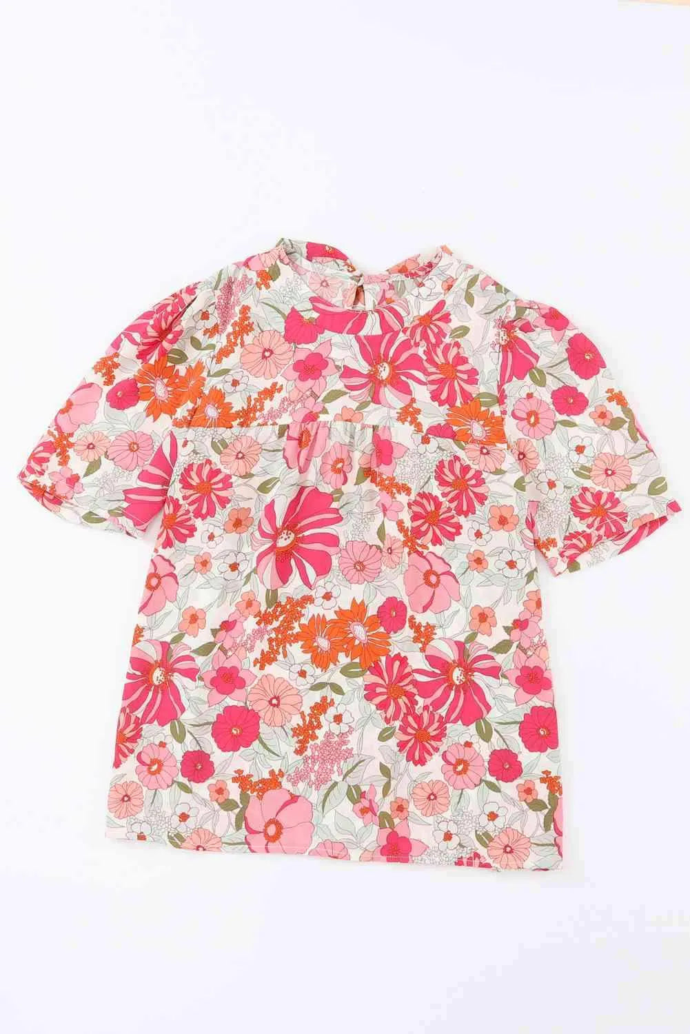 Floral Puff Sleeve Tied Blouse Blouses - Tophatter Daily Deals