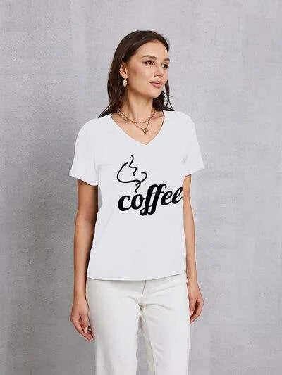 COFFEE V-Neck Short Sleeve T-Shirt White Women's T-Shirts - Tophatter Daily Deals