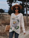 Floral Print Twisted V-Neck Long Sleeve Tee Beige Women's T-Shirts - Tophatter Daily Deals