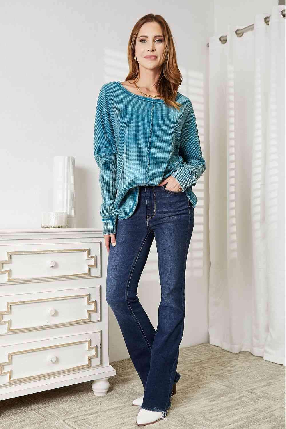 Zenana Full Size Washed Baby Waffle Oversized Long Sleeve Top Blouses - Tophatter Daily Deals