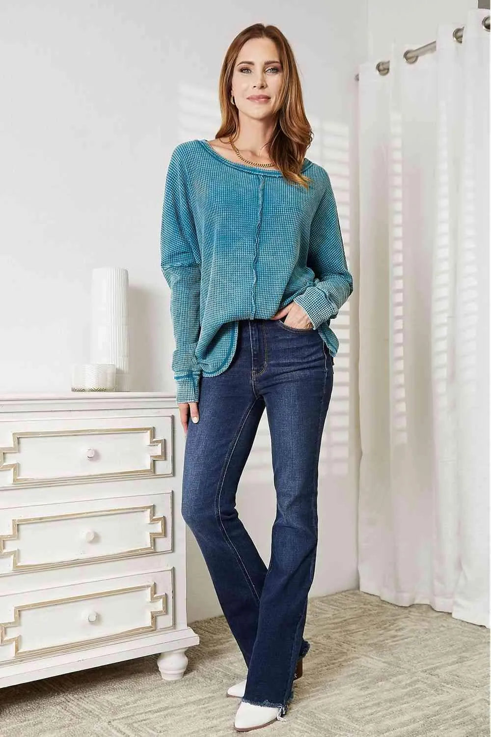 Zenana Full Size Washed Baby Waffle Oversized Long Sleeve Top Blouses - Tophatter Daily Deals