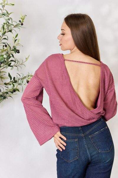 Culture Code Full Size Waffle-Knit Round Neck Long Sleeve Blouse Blouses - Tophatter Daily Deals