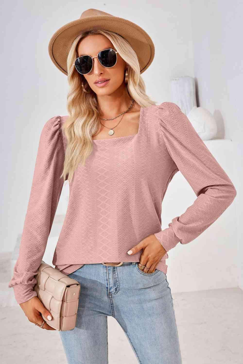 Square Neck Puff Sleeve Blouse Dusty Pink Blouses - Tophatter Daily Deals