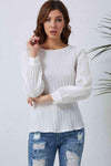 Double Take Ribbed Round Neck Long Sleeve Top White Blouses - Tophatter Daily Deals