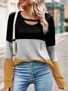 Color Block Cutout Round Neck Long Sleeve T-Shirt Women's T-Shirts - Tophatter Daily Deals