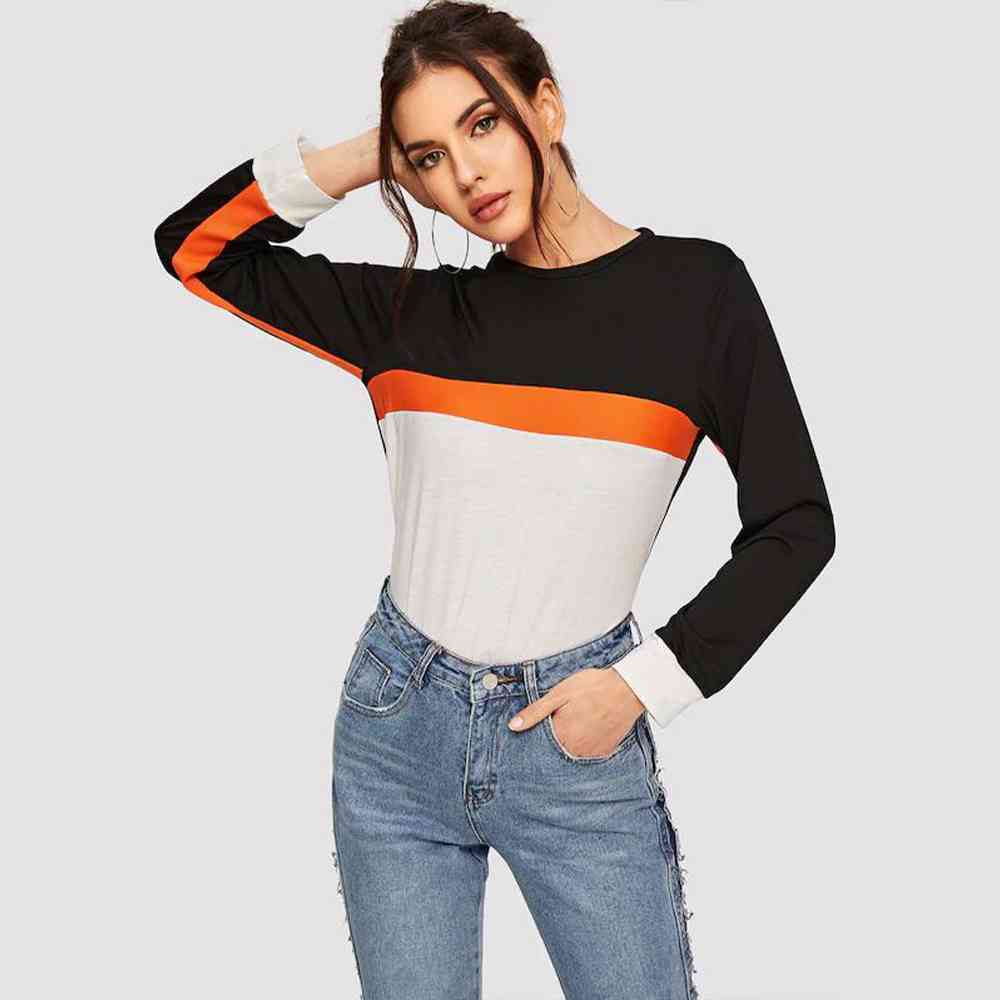 Color Block Round Neck Long Sleeve Tee Women's T-Shirts - Tophatter Daily Deals