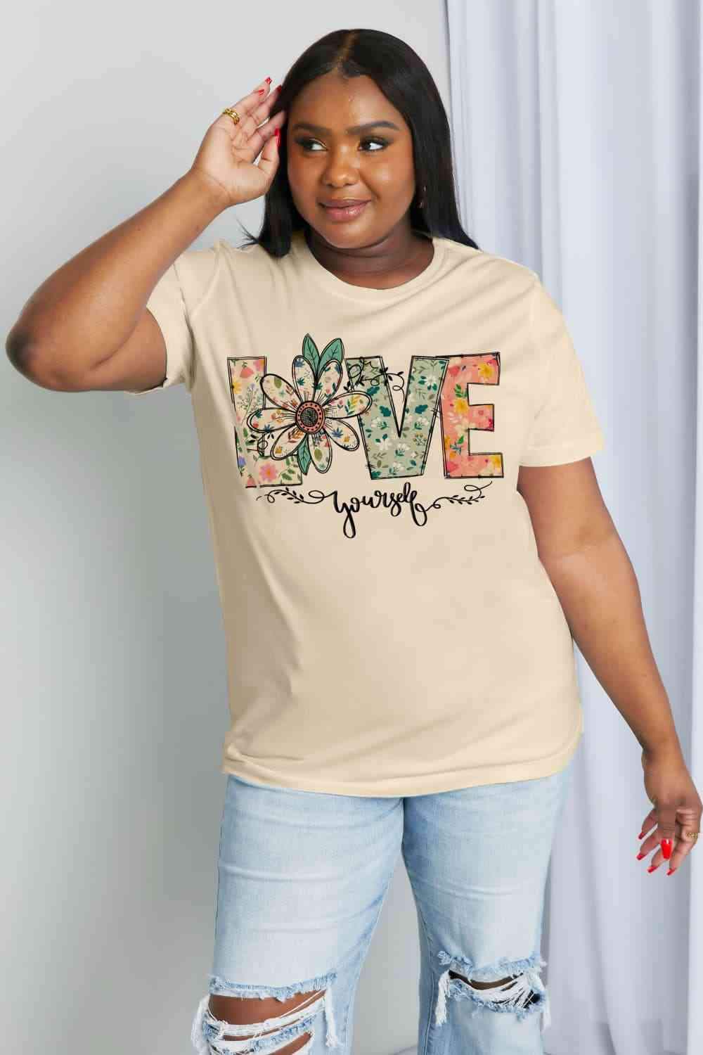 Simply Love Full Size LOVE YOURSELF Graphic Cotton Tee Women's T-Shirts - Tophatter Daily Deals