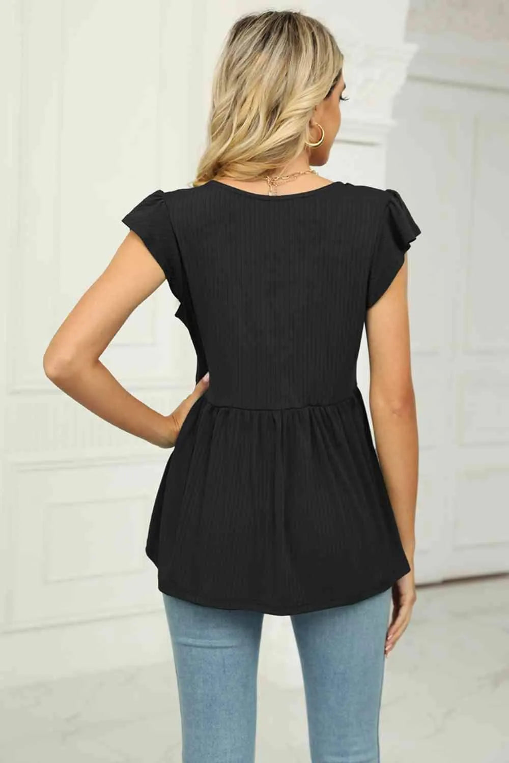 V-Neck Flutter Sleeve Babydoll Blouse Blouses - Tophatter Daily Deals