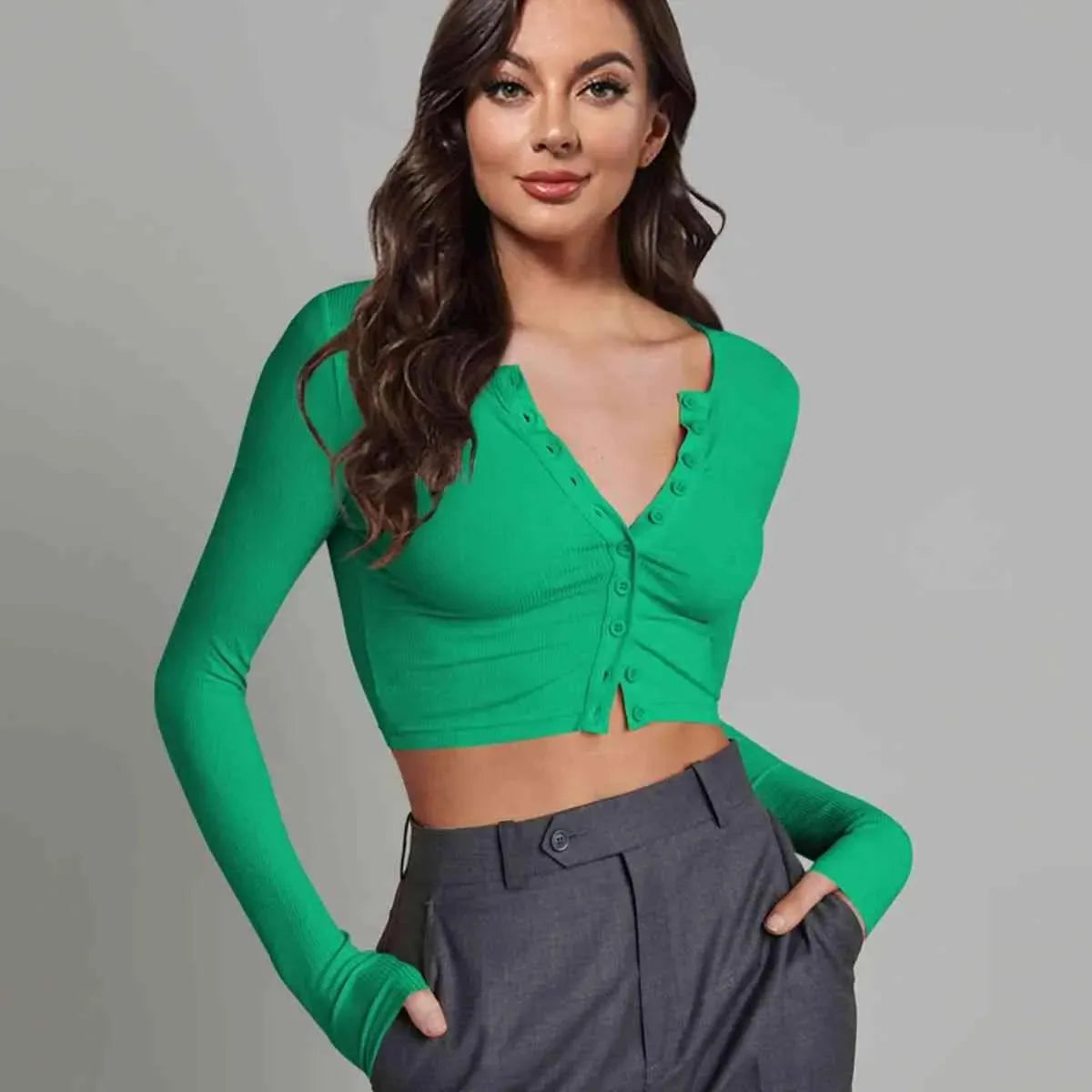 Double Take Button Down Long Sleeve Cropped Top Mid Green Blouses - Tophatter Daily Deals
