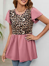 Leopard Round Neck Flutter Sleeve Babydoll Blouse Blouses - Tophatter Daily Deals