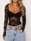 Lace Sweetheart Neck Long Sleeve T-Shirt Black Women's T-Shirts - Tophatter Daily Deals