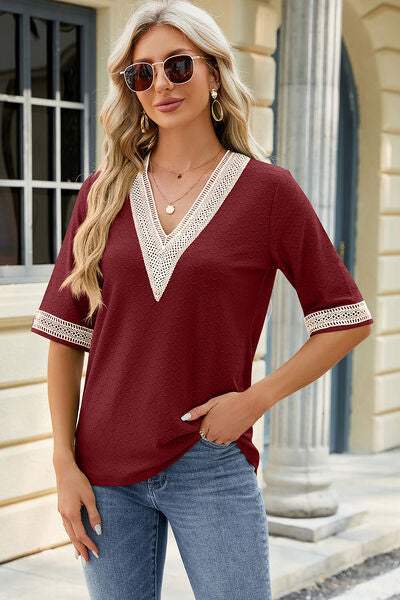 V-Neck Half Sleeve T-Shirt Wine Women's T-Shirts - Tophatter Daily Deals