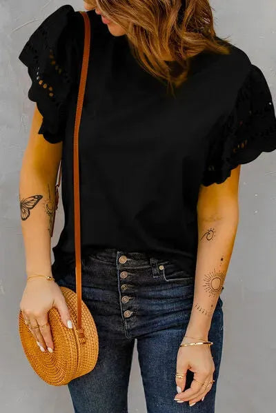 Round Neck Openwork Flutter Sleeve Top Blouses - Tophatter Daily Deals