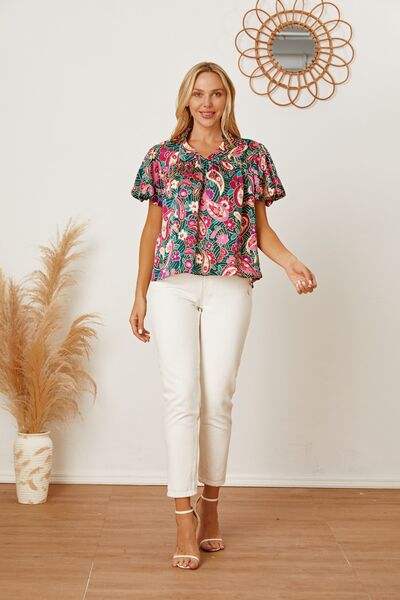 Floral Collared Neck Short Sleeve Blouse Blouses - Tophatter Daily Deals