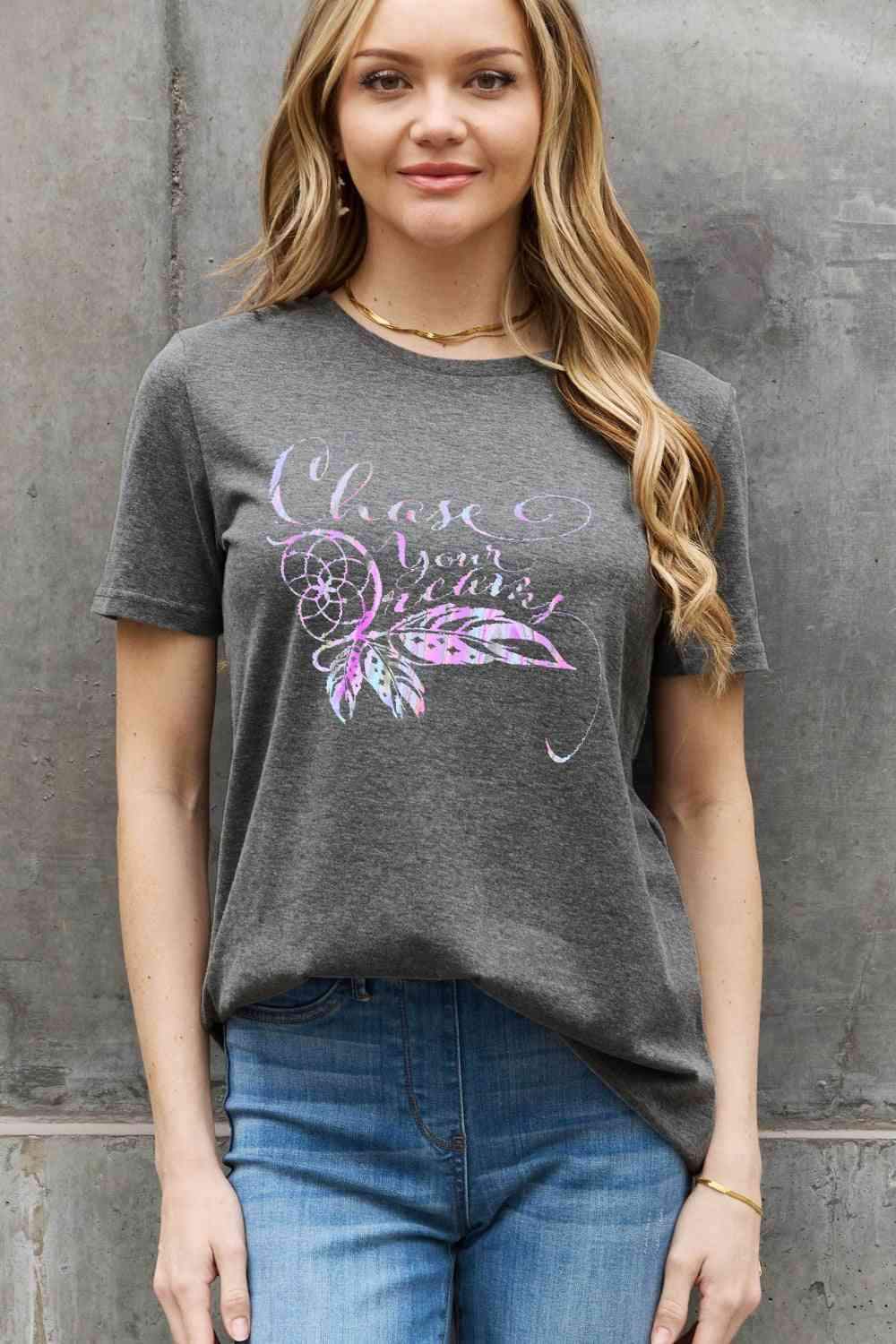 Simply Love Full Size CHASE YOUR DREAMS Graphic Cotton Tee Women's T-Shirts - Tophatter Daily Deals