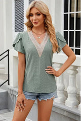 Eyelet V-Neck Petal Sleeve T-Shirt Gum Leaf Women's T-Shirts - Tophatter Daily Deals