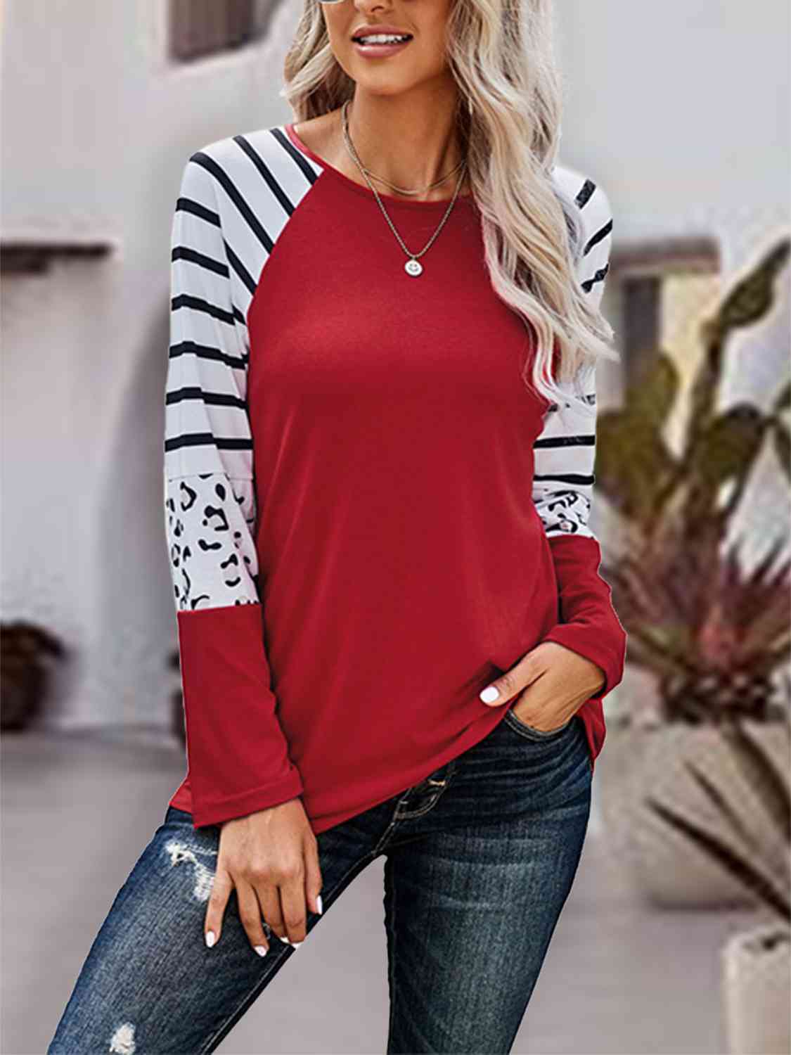 Printed Round Neck Long Sleeve T-Shirt Deep Red Women's T-Shirts - Tophatter Daily Deals