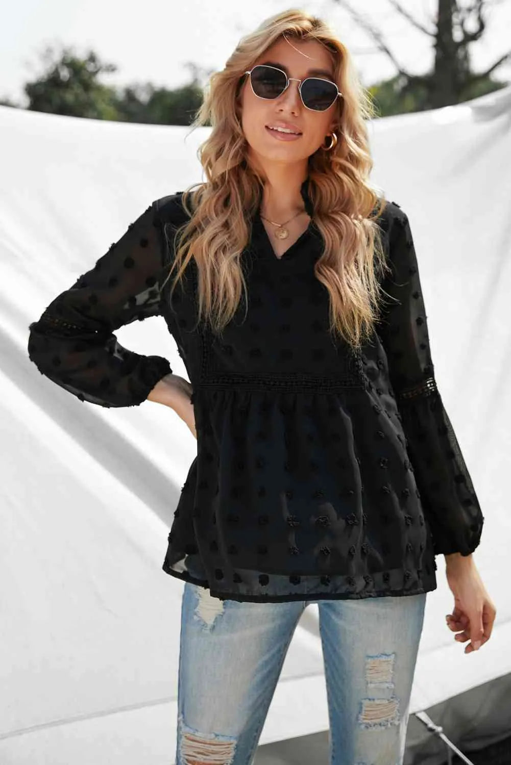 Swiss Dot Frilled Notched Neck Blouse Black Blouses - Tophatter Daily Deals