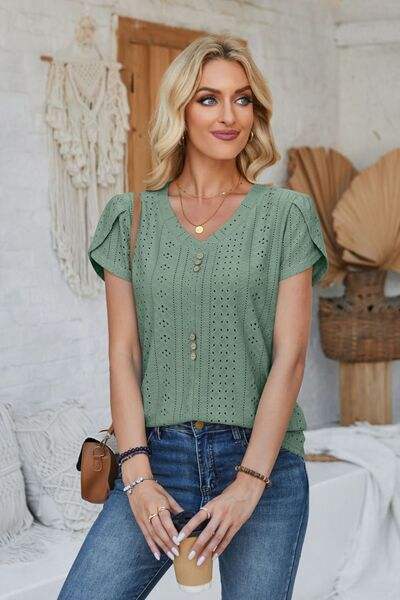 Decorative Button Eyelet V-Neck Short Sleeve T-Shirt Women's T-Shirts - Tophatter Daily Deals