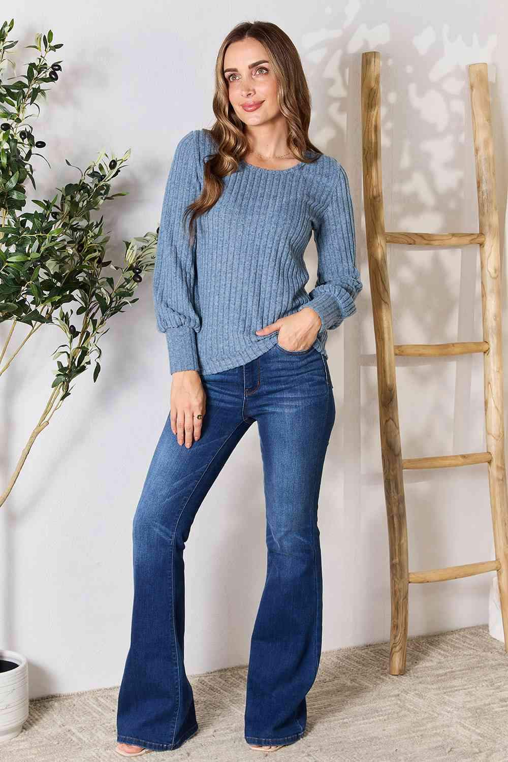 Double Take Ribbed Round Neck Lantern Sleeve Blouse Blouses - Tophatter Daily Deals