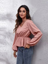 V-Neck Balloon Sleeve Peplum Blouse Blouses - Tophatter Daily Deals